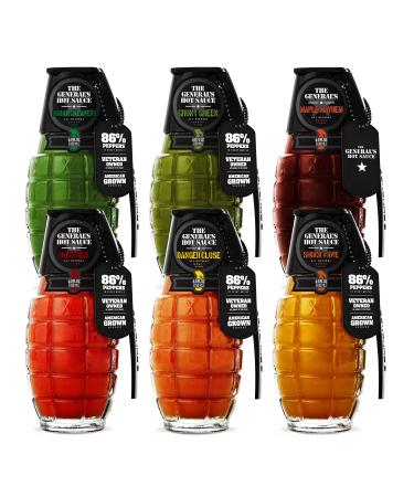 The General’s Hot Sauce Super 6 - American Grown, Veteran Owned | 6 pack | 6 fl. Oz. bottles | All natural, gourmet hot sauce gift set in glass grenade bottles with metal dog tag. Made in USA with aged American grown peppe…