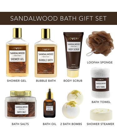 Sandalwood Bath Gift Set for Him - Personal Care Spa Kit in Leather Bag | Relaxing Man Gift Basket with Shower Gel, Bubble Bath, Body Oil, Bath Bomb & More - Buy Online on SooperMarket.com