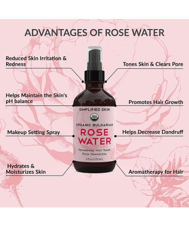 Organic Rose Water Spray for Face & Hair - 4 oz Alcohol-Free Toner & Makeup Remover - Anti-Aging Beauty Mist - Hydrating Facial Care by Simplified Skin - Buy Online on SooperMarket.com
