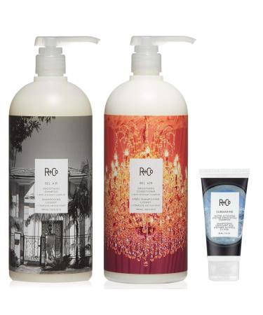 R+Co Bel Air Smoothing Shampoo and Conditioner Set 1L - Smoothing Shampoo + Conditioner Anti-Oxidant Complex | Vegan + Cruelty-Free | Submarine Water Activated Enzyme Exfoliating Shampoo Deluxe Sample