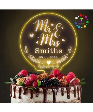 LED Personalised Wedding Cake Toppers 7 Colour Changes Light Up Cake Topper Wedding Bride and Groom Anniversary Cake Toppers MR & MRS Wedding Cake Decorations with Any Name(Design 1)