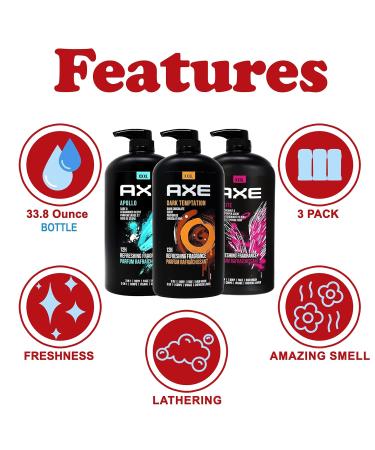 Shop Axe Men's Body Wash Variety Set - 3 Scents (Dark Temptation Apollo Excite) | 3-in-1 Body & Face Wash | 33.8 oz Pump Bottle - International Shipping Available - Buy Online on SooperMarket.com
