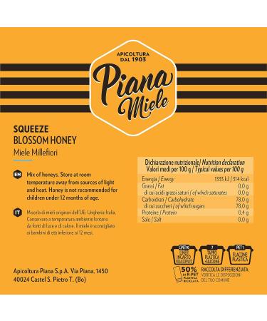 PIANAMIELE - Millefiori Honey in Squeezer Bottle of 380 gr Millefiori Liquid Honey Origin EU (Hungary-Italy) Amber Color Convenient Size with Stopper Dispenser Save Drop MILLEFIORI HONEY EU - Buy Online on SooperMarket.com