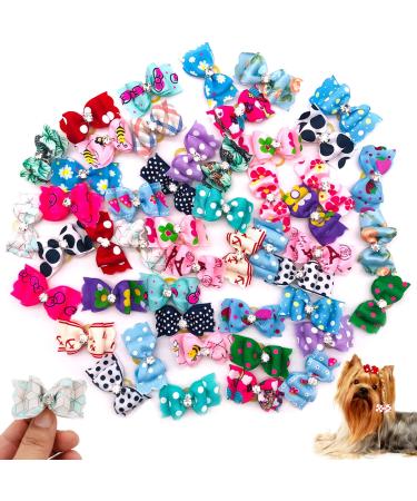 JpGdn 50Pairs/100Pcs Dog Hair Bows with Rubber Bands Cats Doggy Topknot Bow Ties Hair Grooming Accessories for Small Medium Long Hair Puppy Kitten 100pcs color random