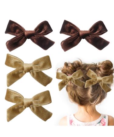 4Pcs Bow Hair Clips for Girls 3.8 Inch Velvet Hair Bows Christmas Hair Clips for Women Toddler Girls(Brown Rosegold)