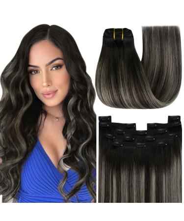Youngsee Clip in Extensions Silver Clip in Extensions Real Hair Ombre Black Silver Clip in Extensions 35cm Extensions Clip Balayage Black Silver Extensions Clip in 120g #1b/S/1b 35 cm (7PCs) 1-clip-4- #1b/Silver/1b
