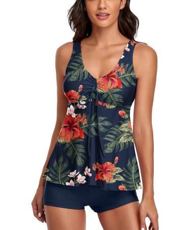 Modest Tankini Swimsuits for Women Two Piece Bathing Suits Floral Print Tank Top with Boyshorts Tummy Control Swimming Suits Large Navy