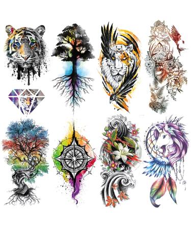 Oottati 8 Sheets Waterproof Arm Leg Temporary Tattoo Stickers  Colorful Tiger Tree Unicorn Compass Dreamcatcher Lion