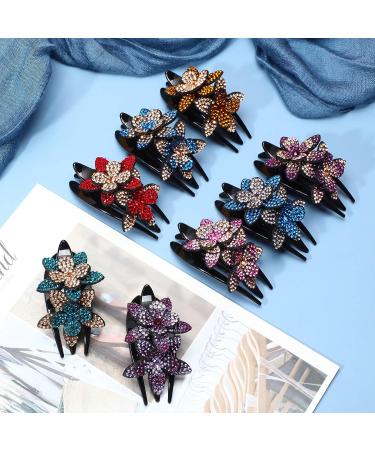 Rhinestone Double Flower Hair Clip Set - 8 Pieces | Crystal Glitter Hair Accessories for Women and Girls - Buy Online on SooperMarket.com