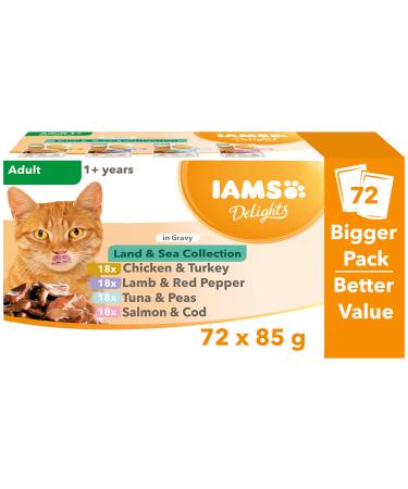 IAMS Delights Complete Wet Cat Food for Adult 1+ Cats Meat and Fish Variety in Gravy Multipack 72 x 85 g Pouches Fish 85 g (Pack of 72)