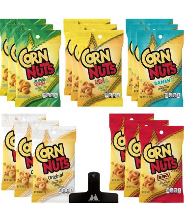 Corn Nuts Variety Pack - 15 Pack - 4 Ounces Each - Jalapeno Cheddar Chile Picante Ranch Original and BBQ - Bulk Box - With Mighty Merchandise Bag Clip