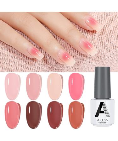 AILLSA Jelly Gel Nail Polish Set- Nude Polish Sheer Blush Pink Gel Polish Clear Translucent Gel Nail Polish with Natural Gel Nail Polish Easy to Apply Soak Off U V Gel Nail Polish for French 8 Colors jelly color dark