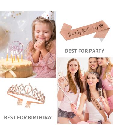 Personalized Birthday Sash & Crown Set for Women - Birthday Cake Toppers & Gift Kit - Rhinestone Hair Accessories - Rose Gold - Buy Online on SooperMarket.com