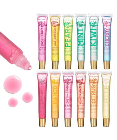 Expressions 12pc Clear Lip Gloss Pack Lip Oils with Vitamin E and Essential Oils Flavored Lip Gloss Clear Tubes Hydrating Lip Glow Oil Tinted Lip Oil Lip Moisturizer