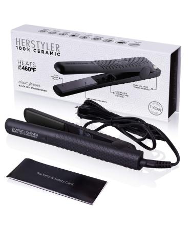 Herstyler Forever Straightening Flat Iron | Travel Friendly Dual Voltage Flat Iron 1.25 inch | Ceramic Hair Straightener For Silken Hair | Negative Ion Technology To Fight Frizz | Beautiful In Black 1 Count (Pack of 1)