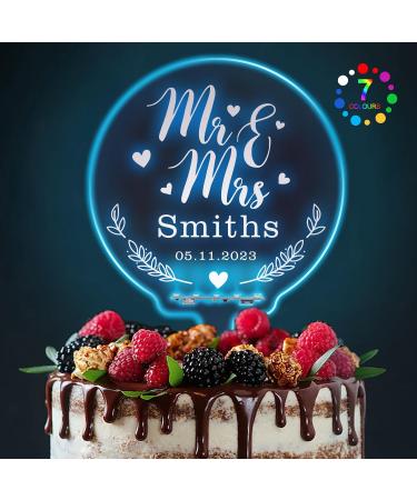 LED Personalised Wedding Cake Toppers 7 Colour Changes Light Up Cake Topper Wedding Bride and Groom Anniversary Cake Toppers MR & MRS Wedding Cake Decorations with Any Name(Design 1) - Buy Online on SooperMarket.com
