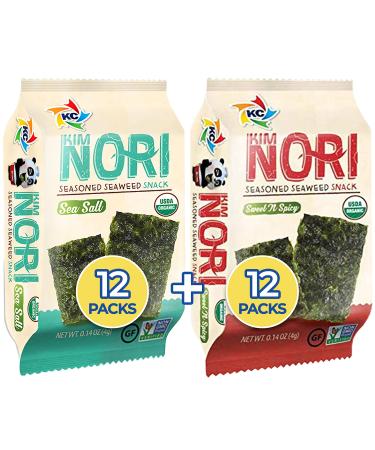 KIMNORI Seasoned Seaweed Snacks Sheets – Organic Sea Salt Sweet 'N Spicy Flavor 24 Individual Packs Roasted Crispy Premium 100% Natural Laver Kim Nori 4g 0.14 Ounce ?    12 Pack Sea Salt + 12 Pack Sweet 'N Spicy