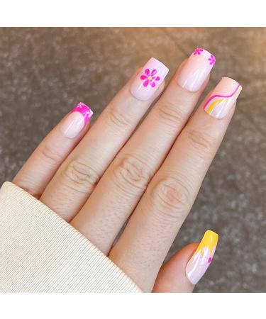 NOVO OVO Short Square Floral False Nails Kit - Happiness as Flowers Purple Lavender Swirl - Valentine's Day & Spring - Buy Online on SooperMarket.com