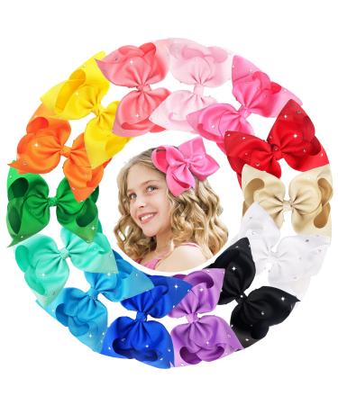 8 Inch Hair Bows Clips 14 Pieces Sparkly Rhinestones Grosgrain Ribbon Bows Alligator Clips Hair Barrettes Hair Accessories for Girls Toddler Kids Teens Children