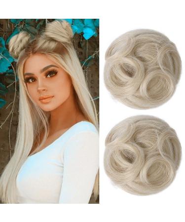REECHO 2 PCS Mini Claw Clip in Messy & Cat Ears Hair Bun Extensions Wig Accessory Updo Hairpieces for Women Girls (Pack of 2-3.5" Wavy Medium Blonde with Pale Highlights) Pack of 2 - 3.5" Wavy Medium Blonde with Pale Highlights