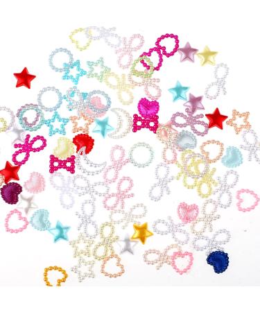 WLLHYF 480 Pcs 3D Nail Charms Assorted Colorful Multi Shapes Pearl Charms Heart Flower Bow Star Mixed Applique Cute Hollow Beads Manicure Decoration for Nail Art DIY Crafts Jewelry Accessories