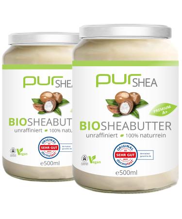 Purshea-bio shea butter (2x500ml) Glass-contaminated cold-pressed -Traschen without additives vegan perfume-free- 100% pure organic shea butter plastic-free in glass-shea butter premium quality (A+)