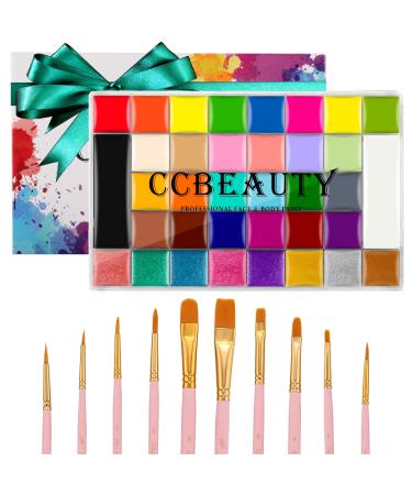 CCbeauty Face Body Paint Kit Professional 36 Colors Face Painting Kit Cosplay Makeup Palette Halloween Clown SFX Makeup Kit Neon Body Paint Arts Party Fancy Make Up with 10 Pink Face Paint Brushes 36 colors + Brushes