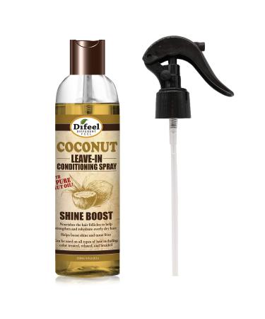 Difeel Shine Boost Leave in Conditioning Treatment - 100% Pure Coconut Oil 6 oz. with Spray Cap & Dispensing Cap