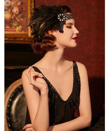 BABEYOND 1920s Vintage Headband Roaring 20s Flapper Headpiece with Feather 1920s Great Gatsby Costume Accesories (Black-2) - Buy Online on SooperMarket.com