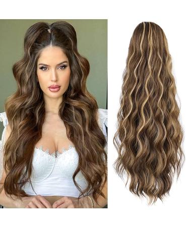 YEESHEDO Long Wavy Ponytail Hair Extension for Women Drawstring Ponytail Hair Extensions Clip in Curly Synthetic Hairpiece Chestnut Brown with Blonde 26 Inches