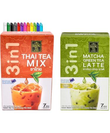 Thai Milk Tea Bundle - 14 Sachets with Ranong 3 in 1 Instant Thai Tea Mix and Ranong Matcha Green Tea Latte Instant Mix Including Mint Retail Boba Tea Straws - Buy Online on SooperMarket.com