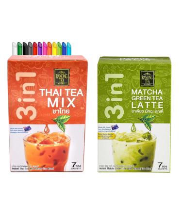 Thai Milk Tea Bundle - 14 Sachets with Ranong 3 in 1 Instant Thai Tea Mix and Ranong Matcha Green Tea Latte Instant Mix Including Mint Retail Boba Tea Straws
