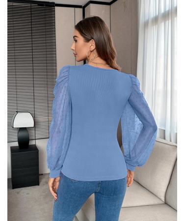 Fayenne Womens Tops Deep V Neck Cross Wrap Sexy Tops Polka Dot Mesh Long Sleeve T Shirt Casual Blouses M Grey Blue - Buy Online on SooperMarket.com