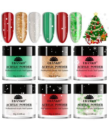 EBANKU Christmas Acrylic Powder Set 6 Colors Acrylic Powder Professional Acrylic Nail Powder for Nail Acrylic Extension Nail Carving Long-Lasting No Nail Lamp Needed for Christmas Party