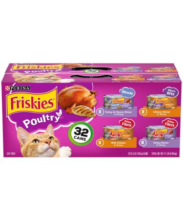 Purina Friskies Gravy Wet Cat Food Variety Pack Poultry Shreds Meaty Bits & Prime Filets - (32) 5.5 oz. Cans