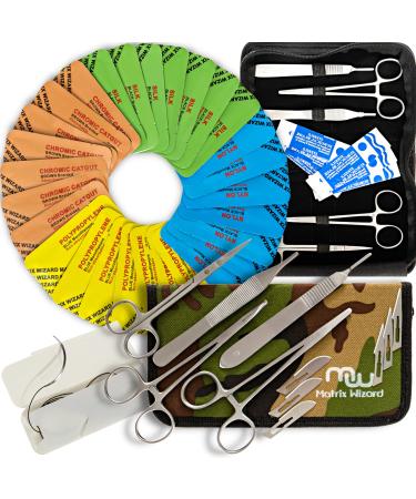 Mixed Suture Threads with Needle Plus Tools 40PK (28Pcs Dissolvable + Non-dissolvable w/ 12 Tools) Sutures Student s Suture Practice Kit Suturing Surgical Training First Aid Emergency Demo Vet Use