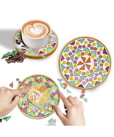 Coaster with Glass Mosaic Tiles Mosaic Kit with 6.1 inch Bamboo Coaster Crafts for Adults Mixed Color Mosaic Kit Mosaic Crafts Materials Package Household Decoration Daily Gift Home Decoration Round