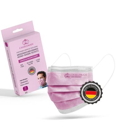 Charlemain 10x op masks made in Germany EN 14683 Type IIR medical mouth-nose protection BFE 99.9% 3-layer latex-free MNS one-way face masks-pink 1 piece (10 pack) pink