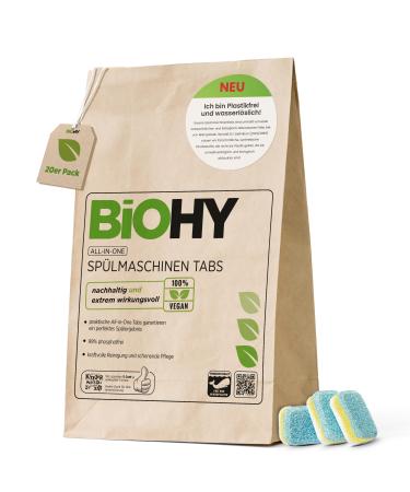 Biohy all-in-one dishwashers tabs (20 tabs) |Phosphate -free | For the daily cleaning of dishes & cutlery |Against the most stubborn fat & food residues |Powerful eco dishwashing tabs 20 pieces (1 Pack)