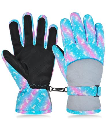 Ausletie Kids Gloves Winter Waterproof Snow Ski Gloves for Girls, Winter Outdoors Warm Snowboard Gloves for Children Blue Unicorn