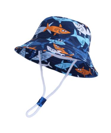 LANGZHEN Beach Sun Protection Hat for Baby Girls Adjustable Toddler Kids Hat Wide Brim Summer Play Hat with Chin Strap Navy-Shark 6-12 Months