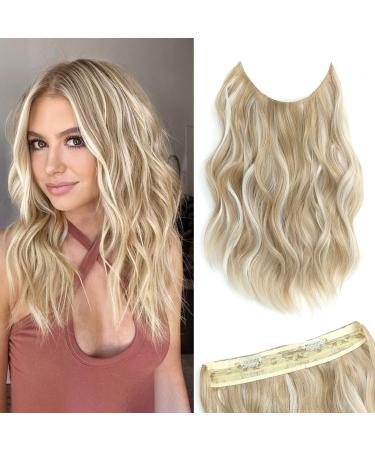 Ms TAj Halo Hair Extensions 12inch Sandy Blonde with Adjustable Size Removable Clips Short Synthetic Invisible Halo Hair Extension One Piece Curly Hair Pieces for Women 12 Inch Curly-Sandy Blonde with White Highlights