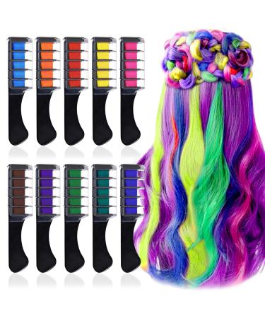Kalolary Temporary Hair Chalk for Girl, 10 Colors Washable Color Hair Comb Rainbow Hair Dye Chalk Comb for Birthday Masquerade Cosplay DIY Decorate Gift