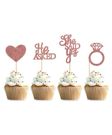 Unimall 48PCs Rose Gold Glitter He asked her said yes cupcake topers diamond ring heart cake picks for wedding engagement bridal shower cake picks bachelorette party decorations multi-color-2