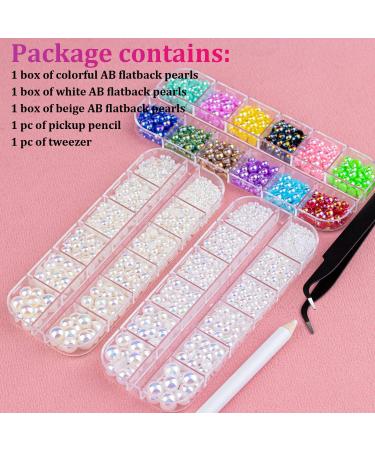Flat Back Pearls Kit - 3800 Pcs, 3 Boxes, AB+ White AB+ Beige AB Half Round Pearls for Nail Art & DIY Crafts with Pickup Pencil and Tweezer - Buy Online on SooperMarket.com