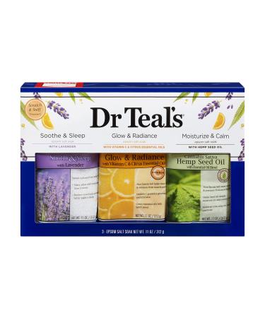 Dr Teal's Epsom Salt Trio Gift Set (3 14 oz Bags) - Soothe & Sleep  Glow Radiance  Moisturize Calm Treat Youe Skin  Senses  Stress at Home Spa Kit Achy Muscles 42 Ounce)
