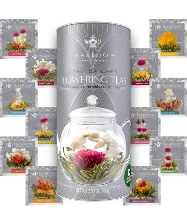Teabloom Flowering Tea - 12 Unique Varieties of Fresh Blooming Tea Flowers - Hand-Tied Natural Green Tea Leaves & Edible Flowers - 12-Pack Gift Canister - 36 Steeps, Makes 250 Cups