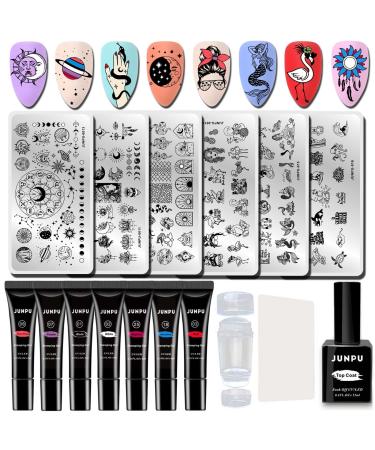 Gel Nail Stamping Kit Nail Stamp Gel Star Moon Nail Stamping Plate Stamping Gel French Tip Stamp with Scrapers Geometric Flamingo Mermaid Nail Stamper Kit Nail Art Stamp Plates Manicure Set