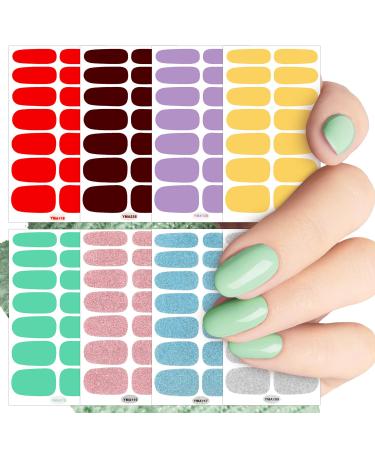 JSRQT Solid Glitter Color Full Wraps Nail Polish Stickers 8 Sheets Nail Art Polish Decals Tips Self-Adhesive Nail Polish with Nail Files Nail Strips Bright Pink Nail Wraps Nail Art Designs for Women