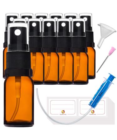 Handsunity 10ml-12Stk spray bottle glass bottle with atomizer-amber pharmacy bottle set with black atomizer Glass Spray bottle made of brown las with 29 pieces of accessories 10ml-12 pieces Black cap